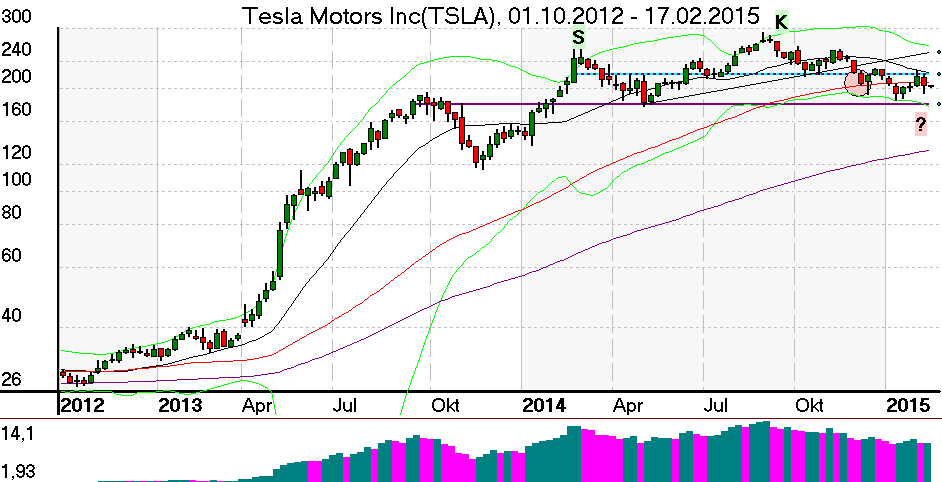 Wochenchart der Tesla Aktie im Februar 2015